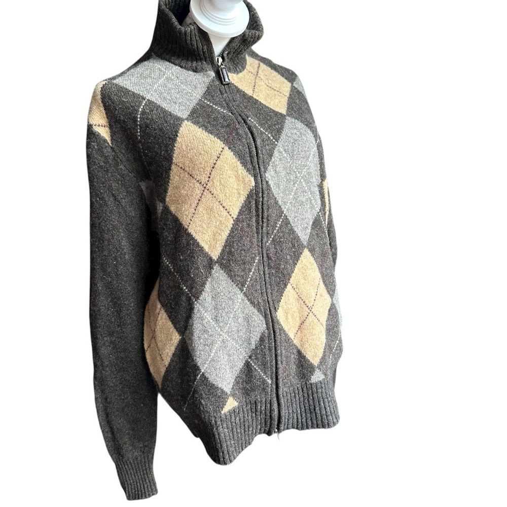 J. Crew Men's Zip Up Wool Sweater - Gray, Cream, and Brown Argyle